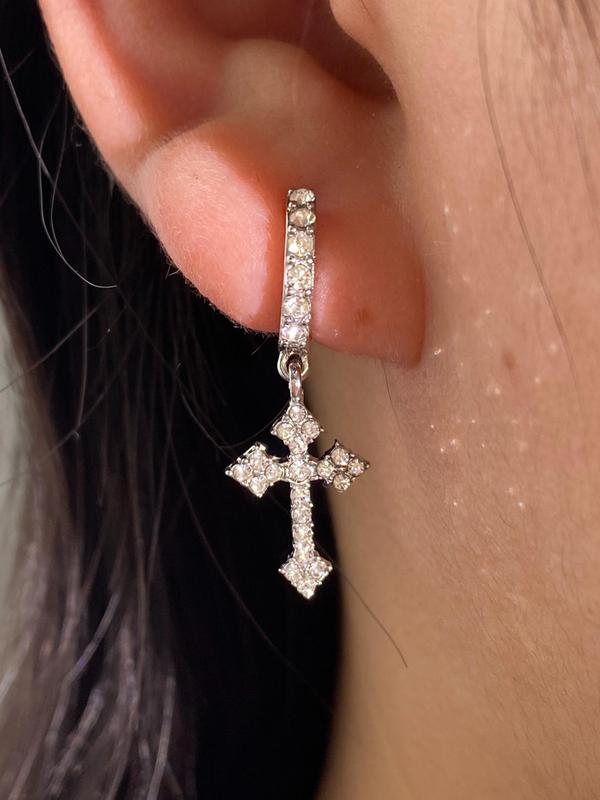 Women's Punk Style Rhinestones Decorated Cross Design Dangle Earrings, Casual Trendy Dangle Earrings, Fashionable Jewelry for Party & Daily Decoration