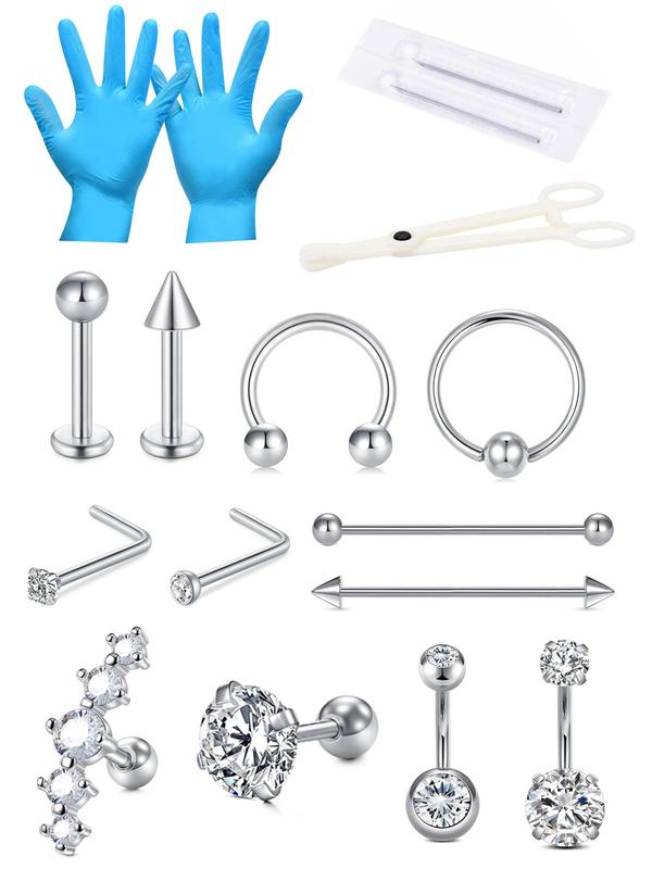 Stainless Steel Piercing Kit, Nose Ring, Belly Ring, Lip Ring, Ear Bone Ring, Industrial Bar, Body Piercing Jewelry for Women & Men