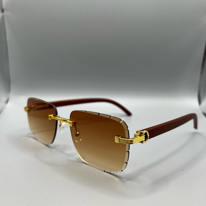 Diamond Cut Rimless Sunglasses Wood Grain Spring Colors UV 400 protection Lens All Season Shades