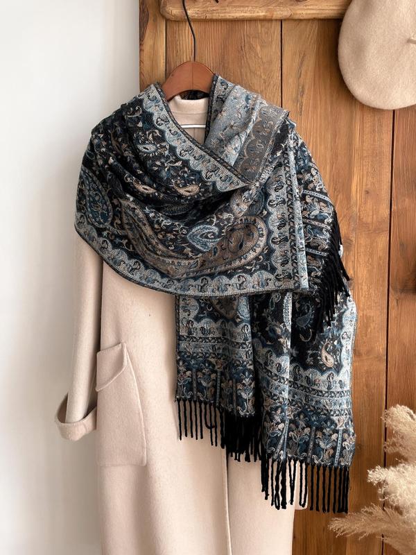 Boho Style Ethnic Pattern Fringe Trim Shawl, Casual Versatile Scarf for Fall & Winter, Fashion Accessories for Women & Men