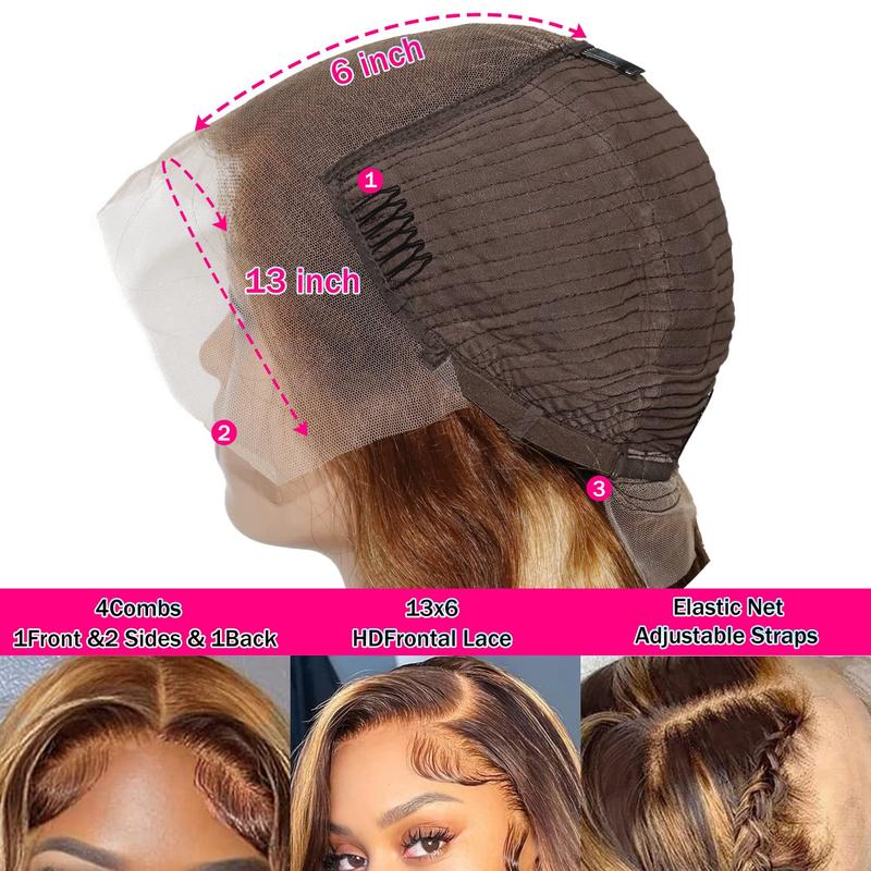 QUANDIAN 13x6 Balayage Highlight Lace Front Wig Human Hair 13x6 HD Lace Front Wigs Human Hair Body Wave Wig 200% Density FB 27 Colored Ombre Wig