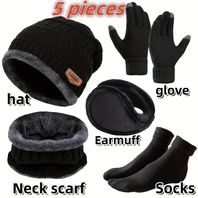 5 PCs Winter Warm Accessories Set-Unisex Knitted Hat, Scarf, Earmuffs, Gloves-Polyester, Hand Washable Only, Elastic Fit, Lightweight, Suitable for Autumn and Winter