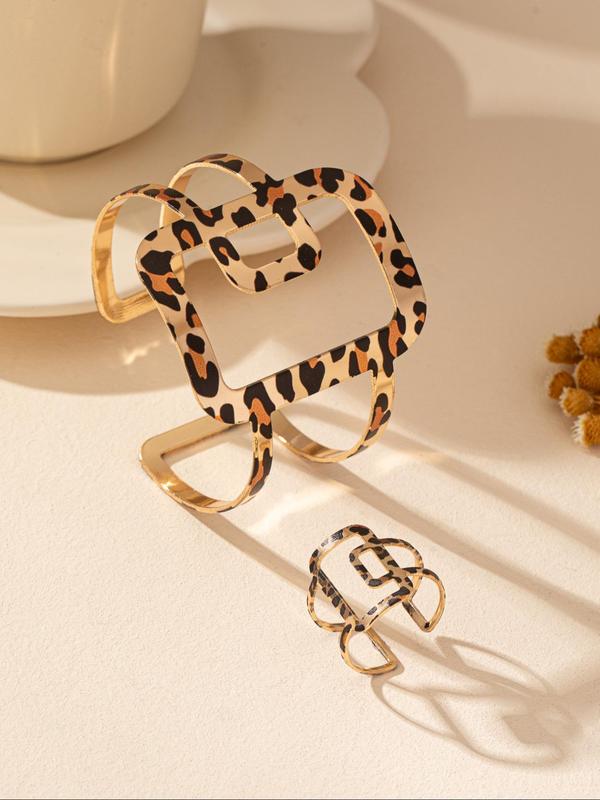 Leopard Pattern Geometric Hollow Out Ring & Cuff Bangle for Women & Girls (2counts), Fashion Jewelry for Party, Daily Clothing Decor, Birthday Gift