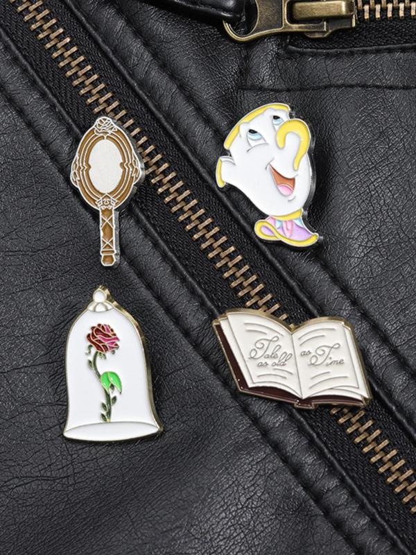 Cartoon Design Brooch, Cute Rose & Tea Cup & Book Design Brooch, Fashion Accessories for Women & Men, Enamel Pin for Backpacks, Jeans, Scarves, Hats Decoration