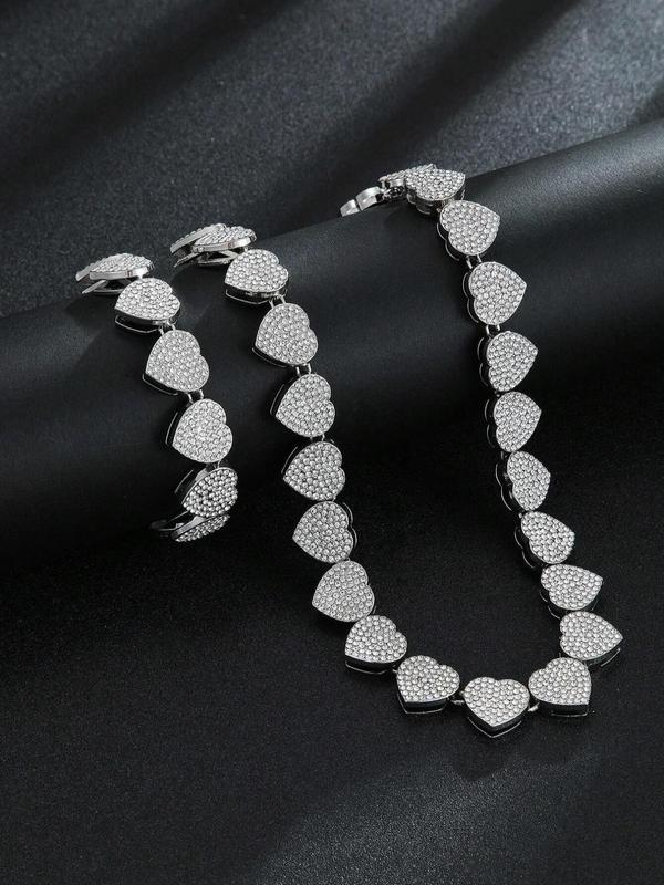 Heart Shaped Rhinestone Decor Jewelry Set, Fashion Necklace & Bracelet for Party, Daily Clothing Decor, Trendy Exquisite Jewelry As Gift