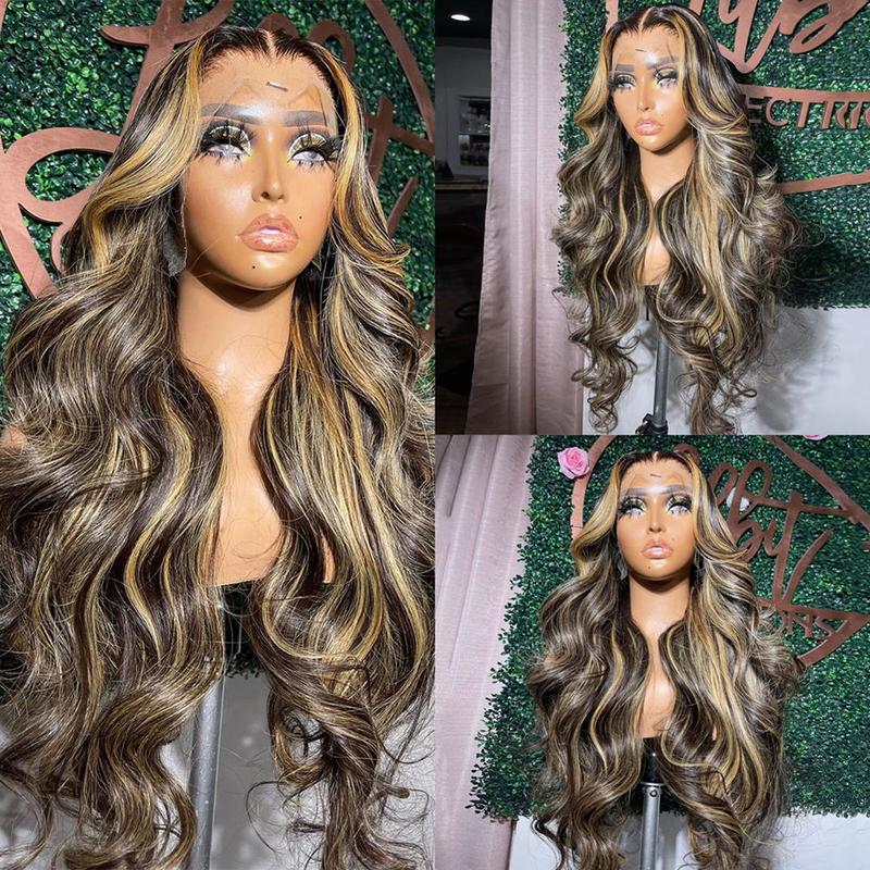 QUANDIAN 13x6 Balayage Highlight Lace Front Wig Human Hair 13x6 HD Lace Front Wigs Human Hair Body Wave Wig 200% Density FB 27 Colored Ombre Wig