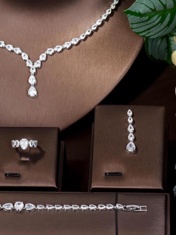 Women's Elegant Rhinestone Decorated Jewelry Set (5pcs), Exquisite Trendy Included Necklace & Bracelet & Earring & Ring Set, Fashionable Jewelry Set for Party Decoration