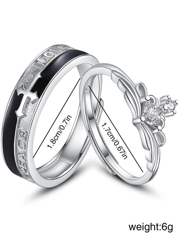 Fashion Cross & Letter Design Couple Ring (1 Pair), Elegant Rhinestone Decorated Couple Ring, Couple Jewelry for Daily Decoration