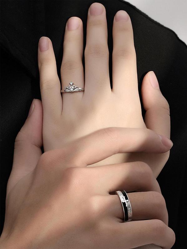 Fashion Cross & Letter Design Couple Ring (1 Pair), Elegant Rhinestone Decorated Couple Ring, Couple Jewelry for Daily Decoration