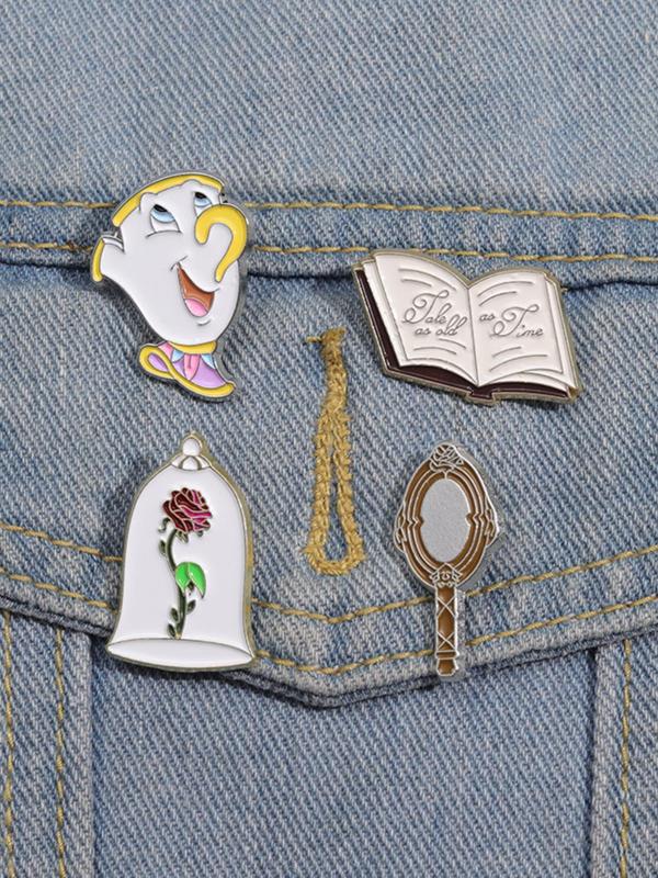 Cartoon Design Brooch, Cute Rose & Tea Cup & Book Design Brooch, Fashion Accessories for Women & Men, Enamel Pin for Backpacks, Jeans, Scarves, Hats Decoration