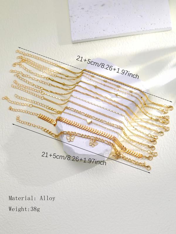 Women's Fashion Butterfly & Heart Design Anklets, 12pcs set Minimalist Chain Anklets for Beach Party Vacation, Trendy All-match Vintage Body Jewelry As Birthday Gift