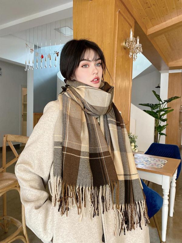 Women's Elegant Plaid Print Fringe Hem Design Scarf, Trendy Colorful Shawl, Warm Soft Fashionable Shawl for Women for Fall & Winter