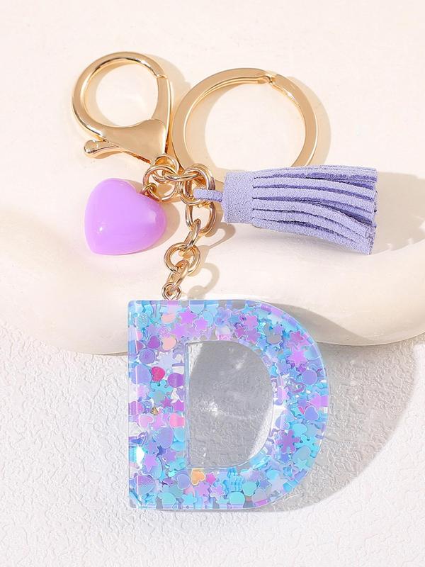 Initials Letter Keychain, Cute Heart Tassel Decor Resin Charm with Key Ring, Fashion Accessories for Women & Girls, Unique Gift Idea for Friends and Family
