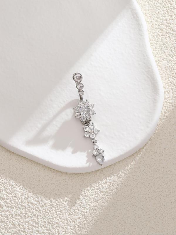 Women's Rhinestone Flowers Decor Belly Ring, Rhinestone Decorated Belly Button Ring, Elegant Flower Design Belly Piercing For Women