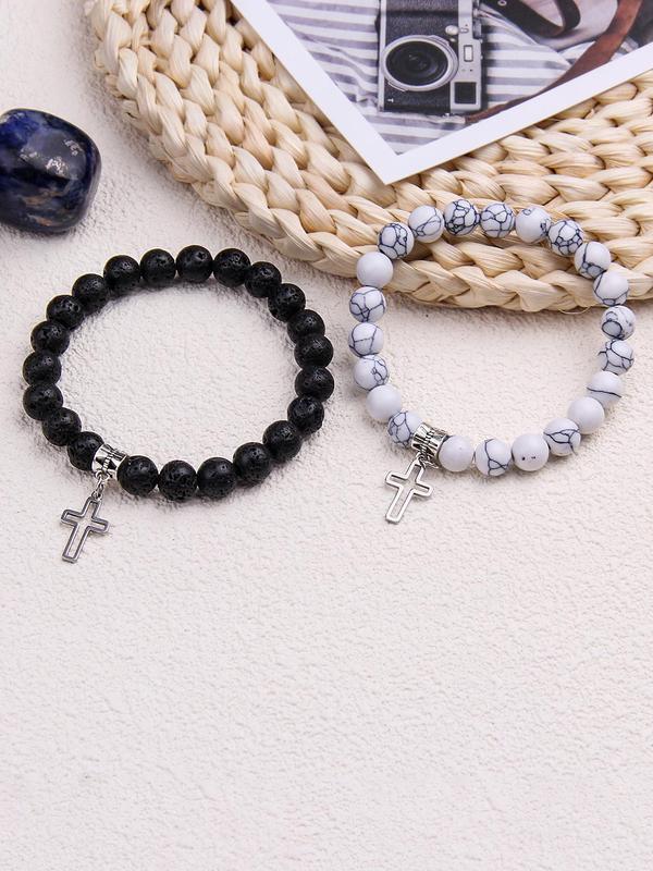 Fashion Stone Beaded Bracelet, Casual Cross Pendant Bracelet for Women & Men, Trendy All-match & Exquisite Jewelry for Birthday Gift