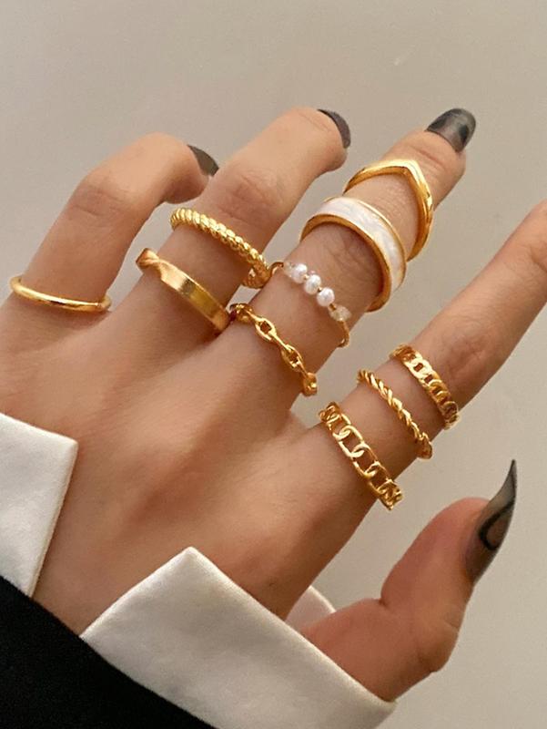 Women's 10pcs Elegant Faux Pearls Decor Alloy Ring Set, Casual Versatile Jewelry For Party, Daily Clothing Decor For Girl