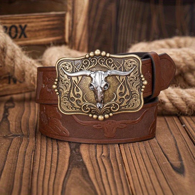 Men & Women-Western-Cowboy-PU Leather-Belts - Vintage horse Belt Floral Engraved Buckle Belt for Jeans