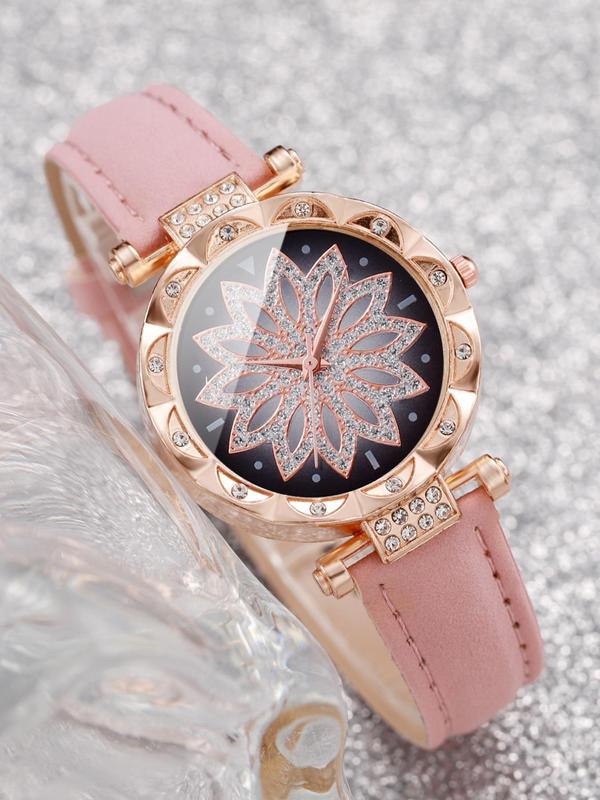 Elegant Watch & Vintage Jewelry Set Gift, 5pcs set Fashion Pu Leather Strap Watch & Butterfly Charm Bracelet & Matching Necklace & Dangle Earrings, Exquisite Y2k Wristwatch Set As Gift without Box