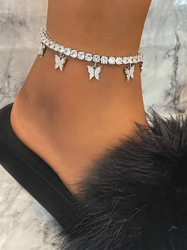 Women's Elegant Butterfly Design Anklet, Fashion Glamorous Rhinestone Anklet for Women & Gift, Casual Vacation Beach Jewelry Accessories, Holiday Gifts for Friends