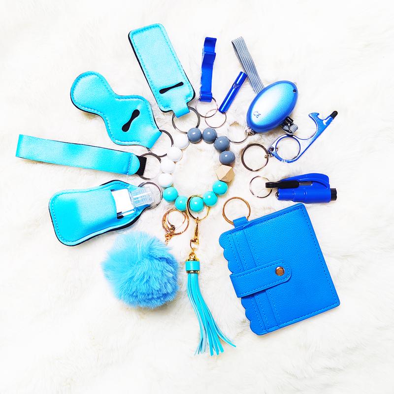 12 Pcs multifunction keychain set for women, wallet wristband with credit card holder, contactless door opener whistle, bracelet keychain wallet, bracelet fringe beaded keychain for women