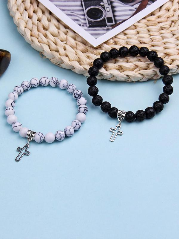 Fashion Stone Beaded Bracelet, Casual Cross Pendant Bracelet for Women & Men, Trendy All-match & Exquisite Jewelry for Birthday Gift