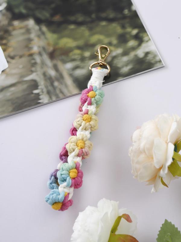 Boho Style Colorful Flower Rope Braided Keychain, Fashionable Keychain for Women & Men, Cute Key Chain Car Keys As Gift for Girls