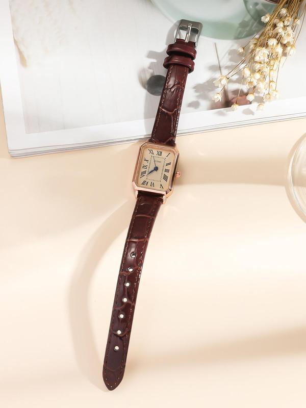 Women's Vintage Rectangle Dial Quartz Watch, Fashionable Watch for Women & Girls, Trendy All-match & Exquisite Watch for Birthday Gift