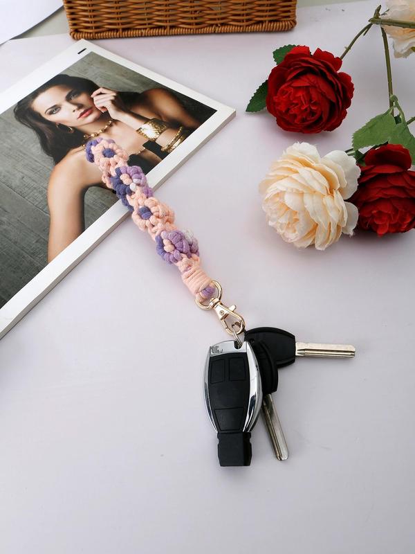 Boho Style Colorful Flower Rope Braided Keychain, Fashionable Keychain for Women & Men, Cute Key Chain Car Keys As Gift for Girls