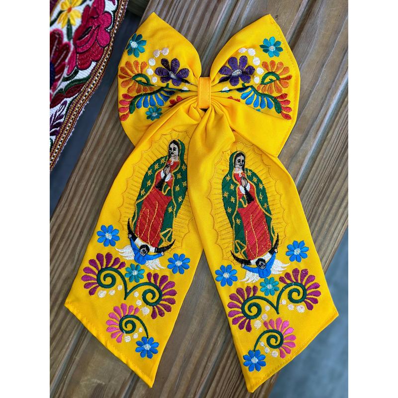Virgen Mexican Bordado Bow Clips Long