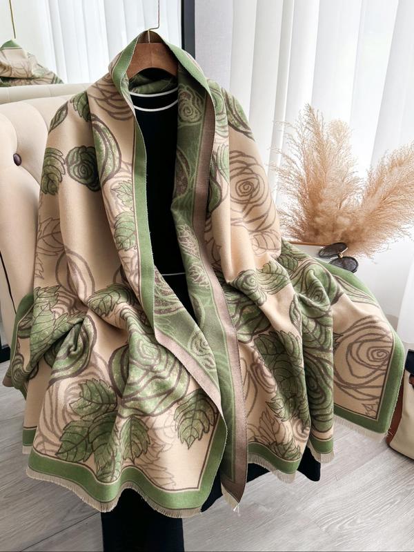 Floral Pattern Fringe Design Shawl, Casual Soft Warm Double Sided Scarf for Fall & Winter, Fashion Accessories for Women & Men