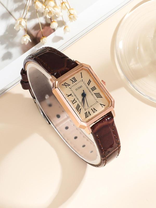 Women's Vintage Rectangle Dial Quartz Watch, Fashionable Watch for Women & Girls, Trendy All-match & Exquisite Watch for Birthday Gift