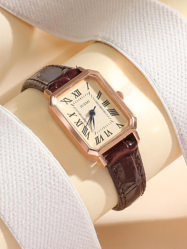 Women's Vintage Rectangle Dial Quartz Watch, Fashionable Watch for Women & Girls, Trendy All-match & Exquisite Watch for Birthday Gift