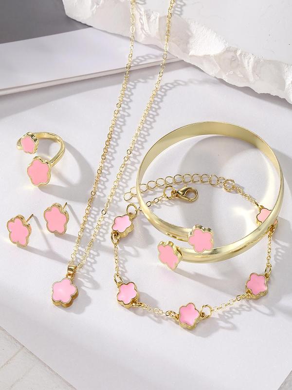 Flower Design Jewelry Set, Elegant Necklace & Ring & Bracelet & Earrings & Bangle Bracelet, Fashion Jewelry for Party, Daily Decor, Trendy All-match & Exquisite Jewelry for Birthday Gift