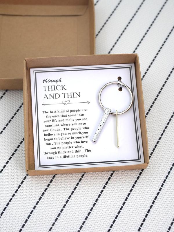 Cute Thick & Thin Bar Design Keychain for Car Keys, Stainless Steel Keychain with Box & Blessing Card, Fashion Accessories As Birthday Gifts