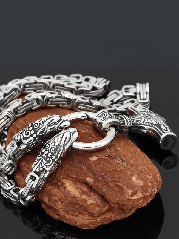 2pcs Vintage Style Fashionable Viking Wolf Head Pendant Necklace & Bracelet Set, Punk Jewelry Set for Party for Both Men & Women