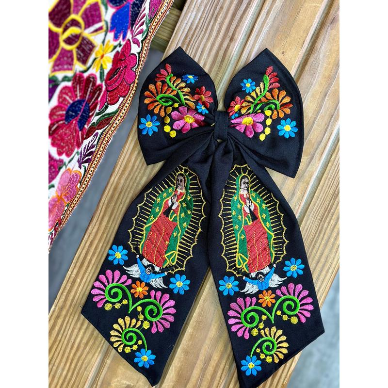Virgen Mexican Bordado Bow Clips Long