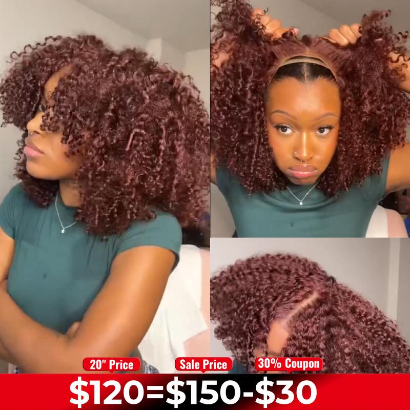 ISEE Wear Go Kinky Curly Reddish Brown Color Human Hair Glueless 6*4 Lace Closure Wig