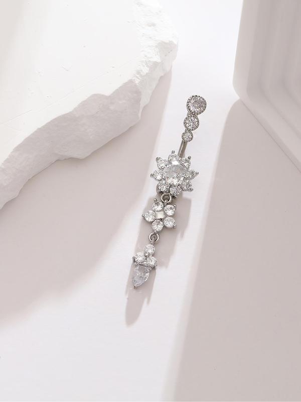 Women's Rhinestone Flowers Decor Belly Ring, Rhinestone Decorated Belly Button Ring, Elegant Flower Design Belly Piercing For Women