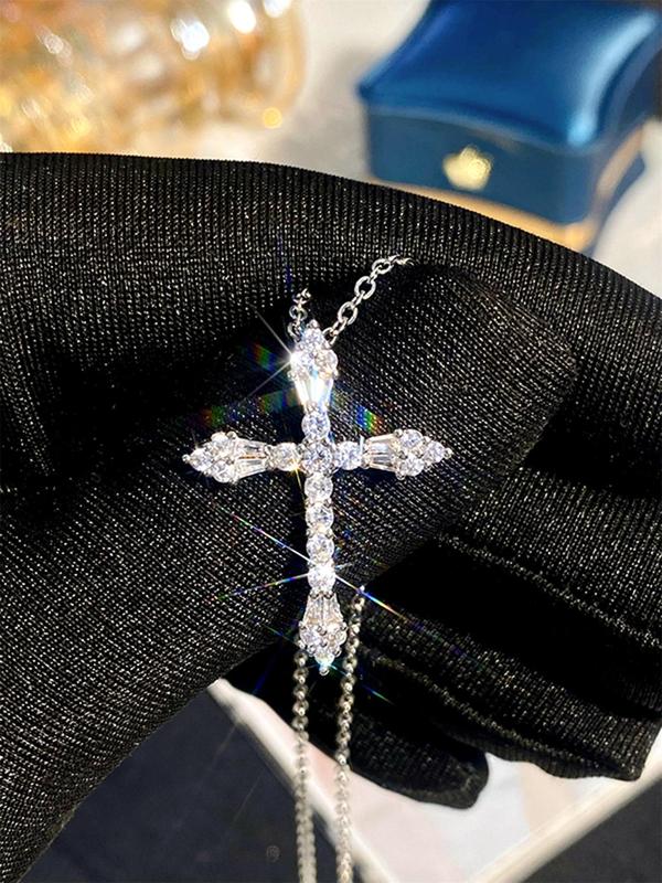 Rhinestone Cross Pendant Necklace for Women, 2024 New Style Jewelry for Party, Daily Clothing Decor, Trendy Cool Female Accessories for Birthday Gift