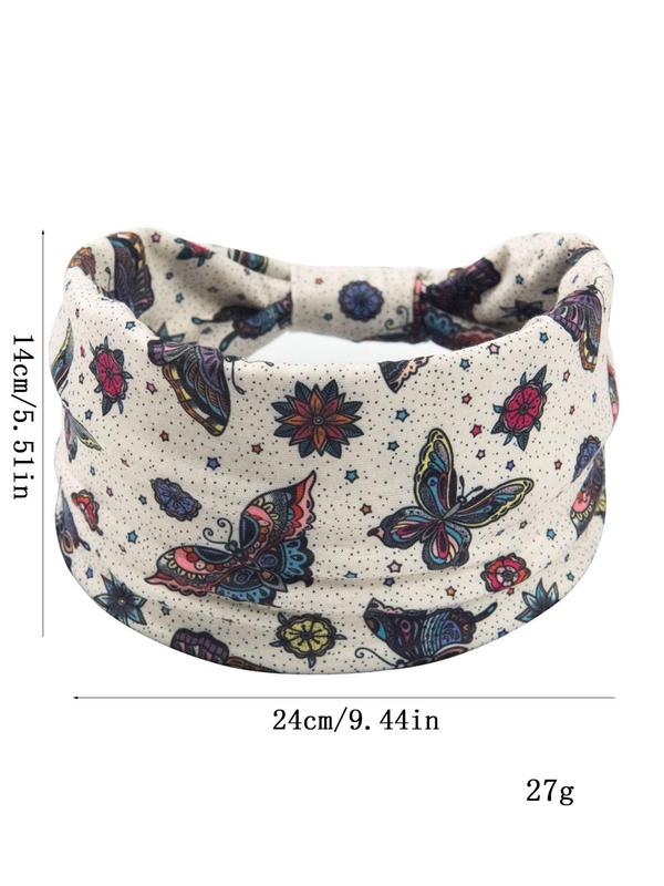 Butterfly & Floral Print Knot Design Sports Hair Band, 4pcs set Wide Band Hair Band, Sports Hair Accessories for Women & Girls
