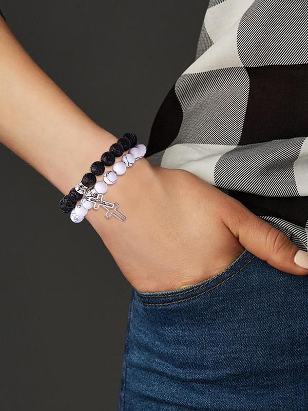 Fashion Stone Beaded Bracelet, Casual Cross Pendant Bracelet for Women & Men, Trendy All-match & Exquisite Jewelry for Birthday Gift