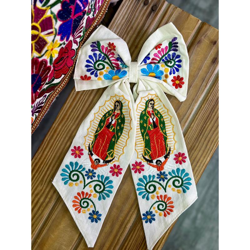 Virgen Mexican Bordado Bow Clips Long