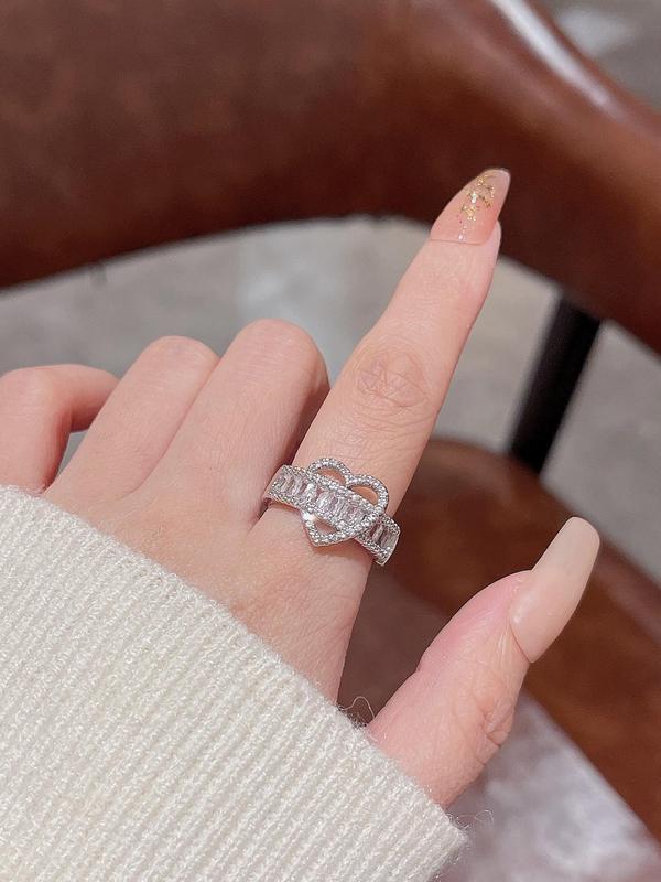 Women's Elegant Rhinestone Decorated Hollow out Heart Design Cuff Ring, Fashion Teen Girl Accessories for Party, Daily Clothing Decor for Girl