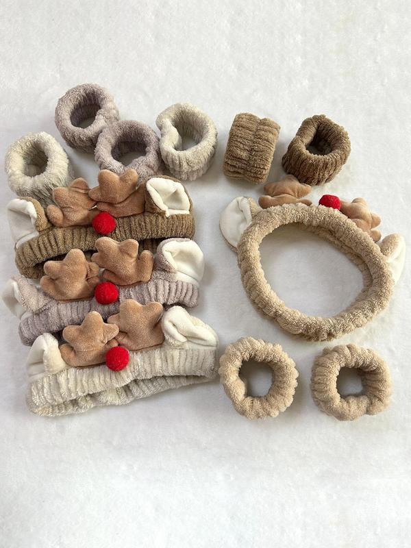 Cute Reindeer Antler Design Hair Band & Wristband Set, Soft Plush Hair Band & Wristband, Fashion Hair Accessories for Women & Girls