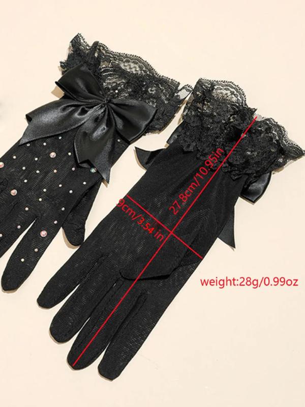 Rhinestone Decor Bow Design Mesh Gloves, Fashionable Lace Gloves for Women & Girls, Elegant All-match Fashion Accessories for Daily Wear