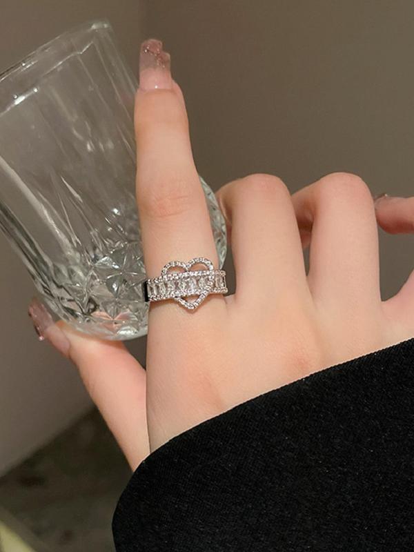 Women's Elegant Rhinestone Decorated Hollow out Heart Design Cuff Ring, Fashion Teen Girl Accessories for Party, Daily Clothing Decor for Girl