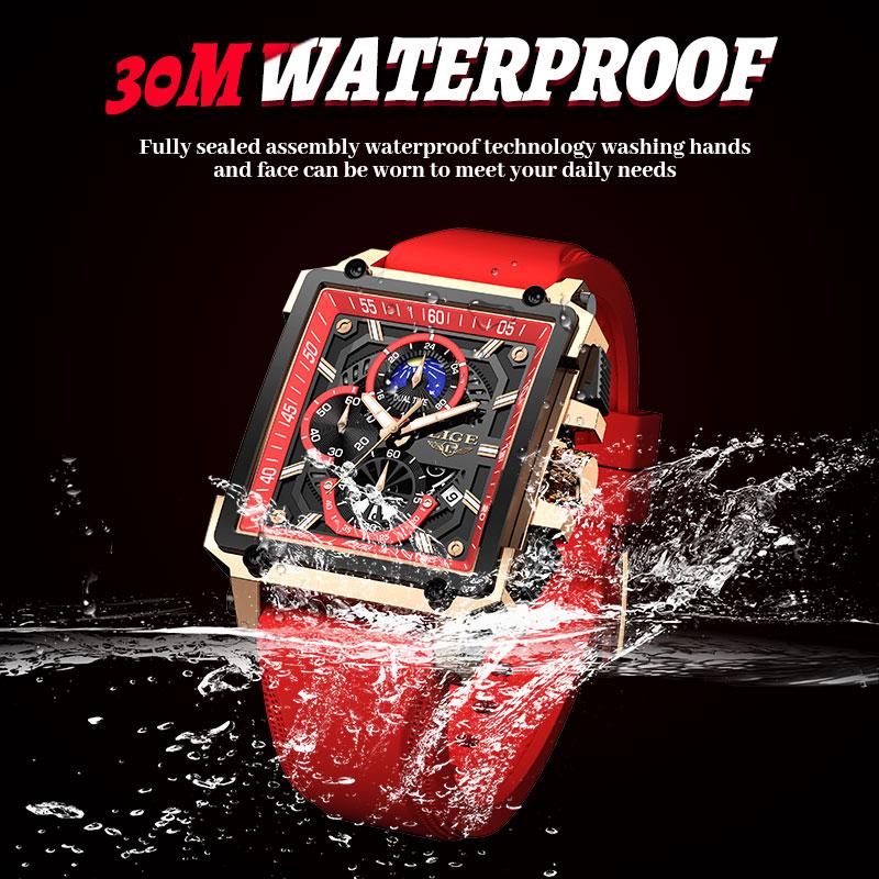 LIGE Square Skeletonized Dial Multi Functional Men's Sport Watch With Waterproof Luminous and Moon-phase