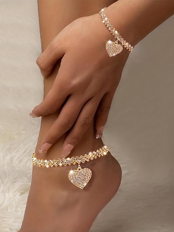 Women's Elegant Heart Design Anklet & Bracelet, Exquisite Trendy Anklet & Bracelet, Fashionable Jewelry Set for Women & Girls