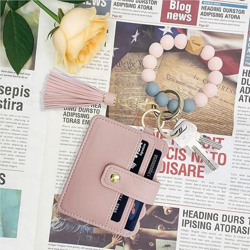 12 Pcs multifunction keychain set for women, wallet wristband with credit card holder, contactless door opener whistle, bracelet keychain wallet, bracelet fringe beaded keychain for women