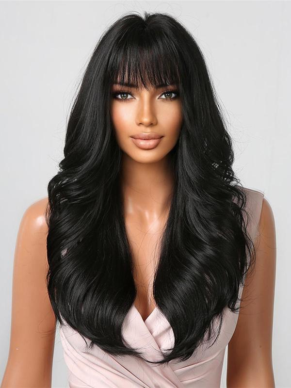 24 Inch Black Long Curly Wigs for Women, Natural Looking Wigs with Bangs, Synthetic Full Machine Wigs for Party, Daily Use, Elegant All-match Fashion Accessories,  Wigs for Women